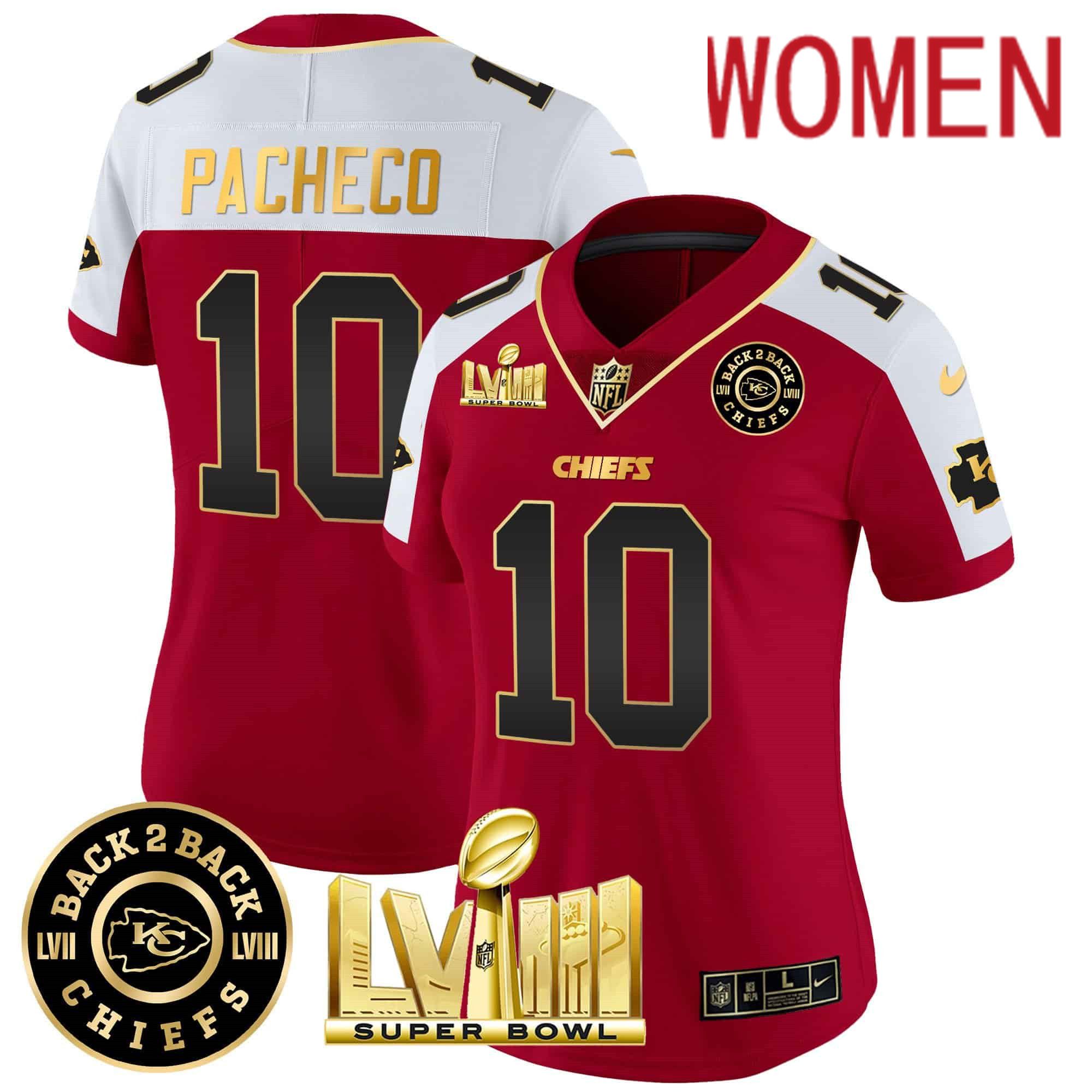 Women Kansas City Chiefs #10 Pacheco Red 2024 Nike Super Bowl LVIII & Back-2-Back Patch Vapor NFL Jersey